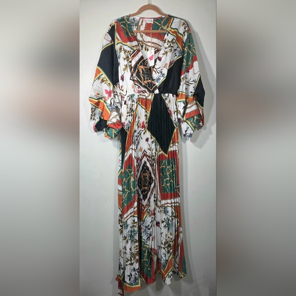 Bohemian Floral Patchwork Maxi Dress in White, Green & Rust
